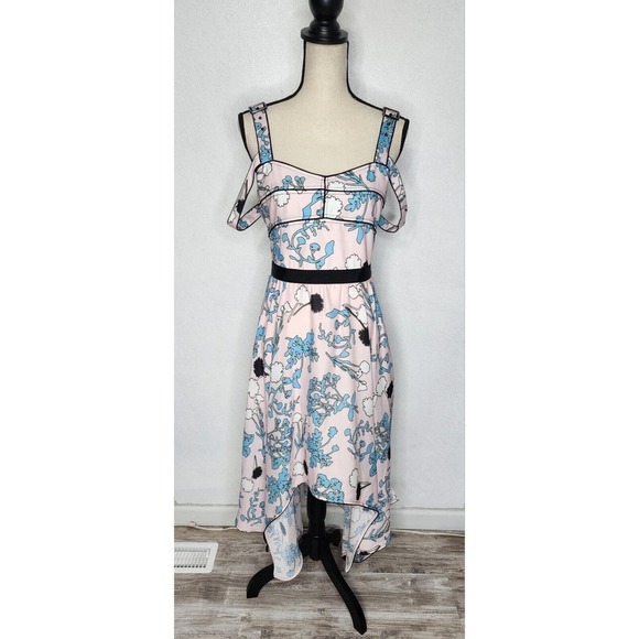 $405 Self Portrait Asymmetric Pink Floral Print Midi A Line Dress Size 10 NWT - Picture 4 of 16